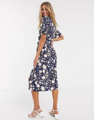 navy floral wrap midi dress