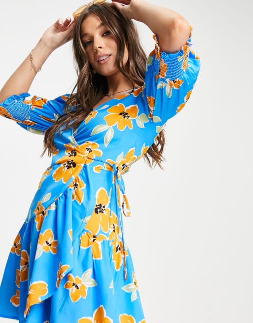 Influence wrap mini dress in blue floral | ASOS