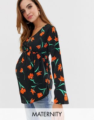 Influence - Zwangerschapskleding - Gebloemde blouse met overslag en uitlopende mouwen-Zwart