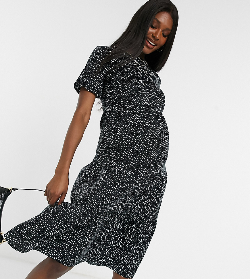 Influence - Zwangerschapskleding - Midi-jurk met gesmokte taille en lagen in zwart met stippen-Multi