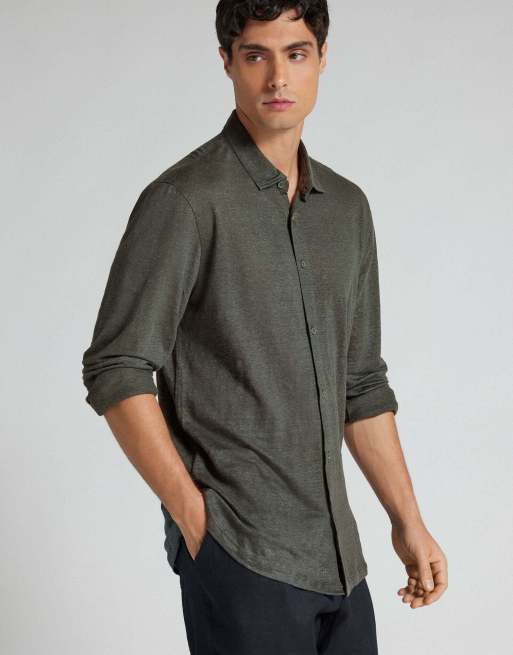 Intimissimi 100% soft linen shirt in dark green, 4 of 5