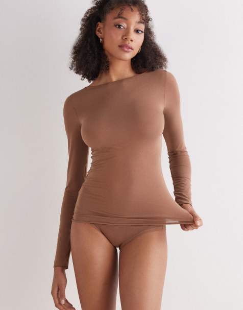 Intimissimi Boat-neck ultralight cotton top in caramel dark beige - view 1