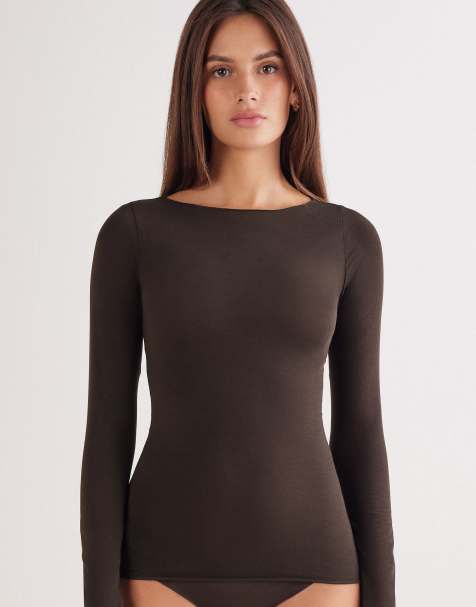 Intimissimi Boat-neck ultralight cotton top in mocha brown - view 1
