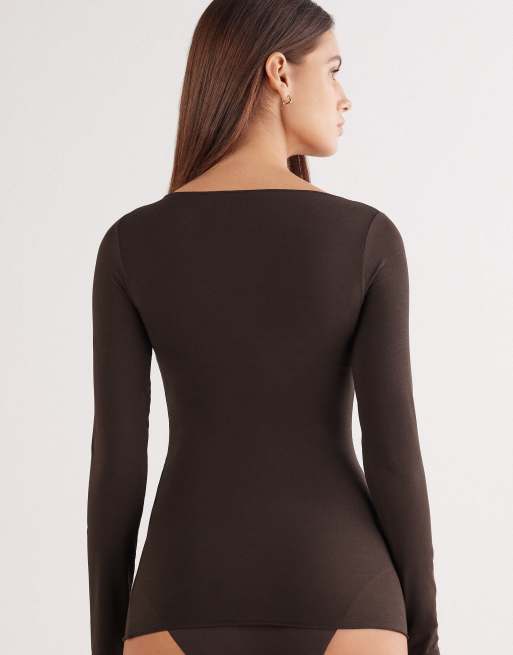 Intimissimi Boat-neck ultralight cotton top in mocha brown, 4 of 4