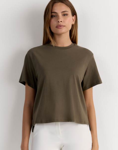 Intimissimi Boxy fit short-sleeved cotton top in safari green - view 1
