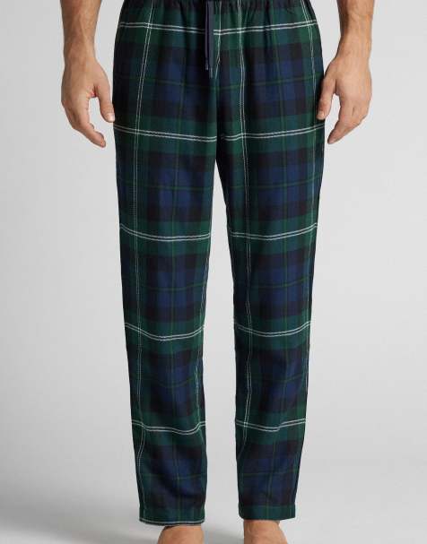 Intimissimi Brushed cotton long blue canvas trousers in dark green tartan - view 1