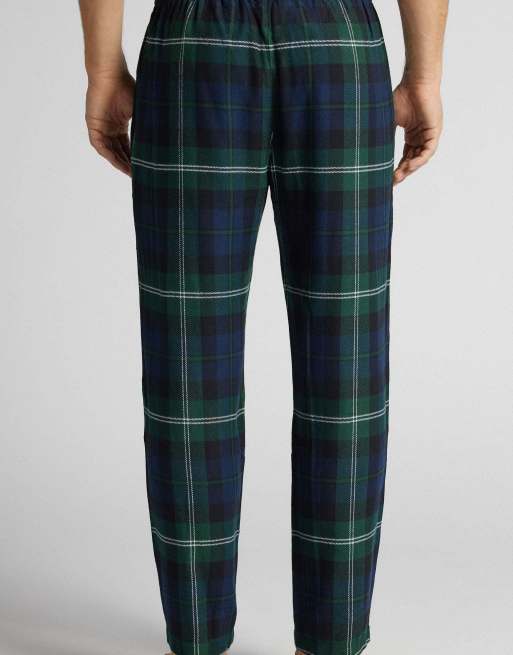 Intimissimi Brushed cotton long blue canvas trousers in dark green tartan, 2 of 5