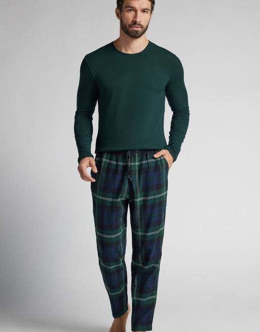 Intimissimi Brushed cotton long blue canvas trousers in dark green tartan, 4 of 5