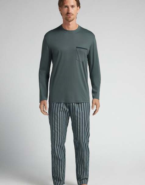 Intimissimi Full-length and plain-weave pyjamas in grey green and blue stripes - view 1
