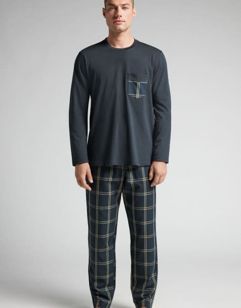 Intimissimi Full-length and plain-weave pyjamas in night blue and check blue - view 1