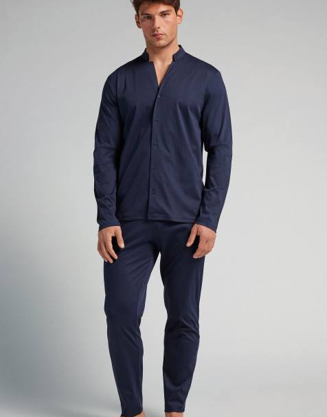 Intimissimi Full-length button-up cotton pyjamas in navy blue - view 1