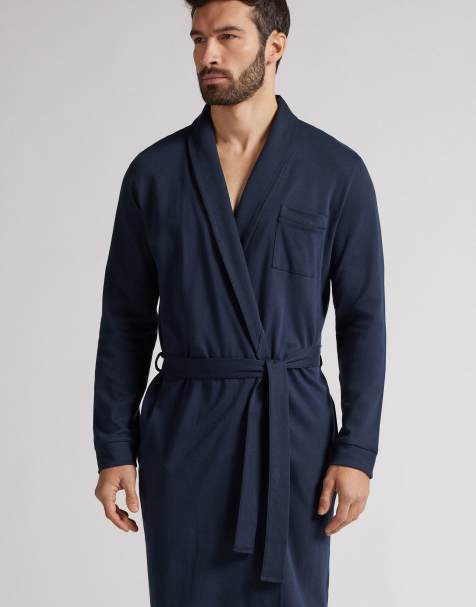 Intimissimi Full-length cotton dressing gown in midnight blue - view 1