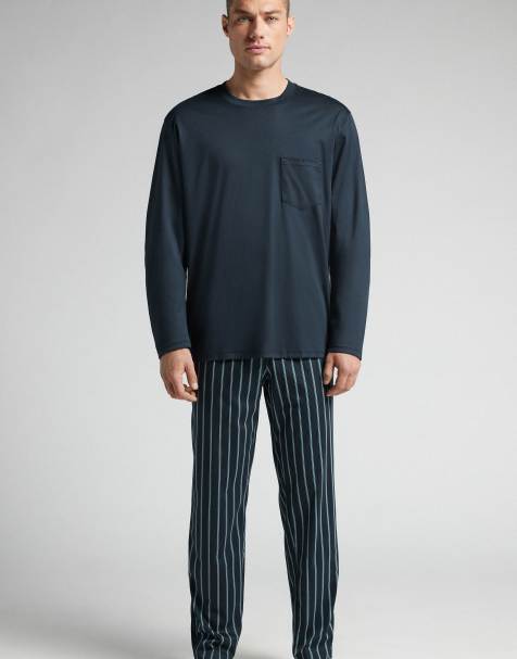 Intimissimi Full-length premium cotton pyjamas in blue navy and light blue strip - view 1