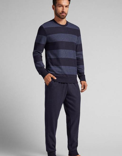 Intimissimi Full-length striped blue tricot pyjamas in navy denim stripe