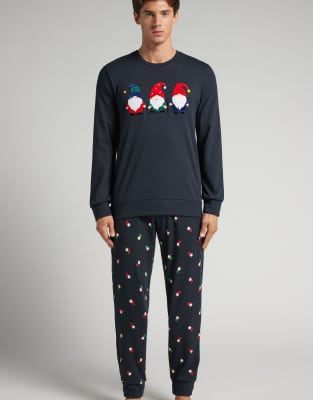 Intimissimi Gnome print long cotton pyjamas in midnight blue-Navy