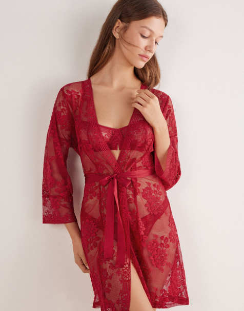 Intimissimi La femme fatale lace dressing gown in sealing wax red - view 1