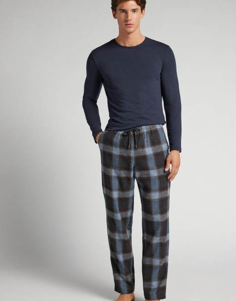 Intimissimi Long blue check print knit trousers in denim brown check - view 1