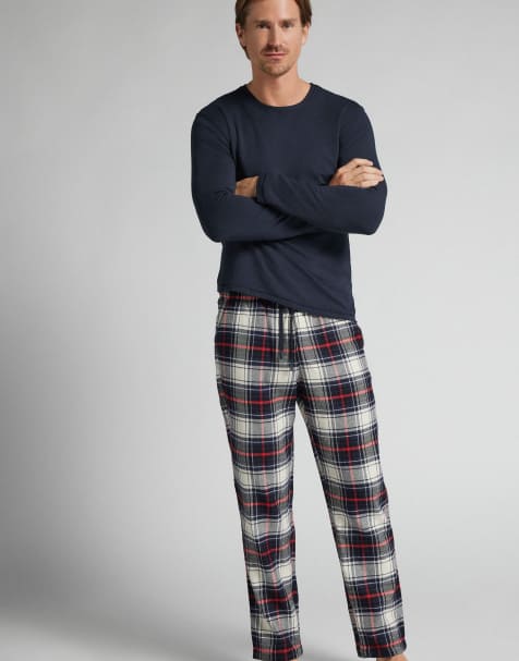 Intimissimi Long brushed cotton check print trousers in blue ivory tartan - view 1