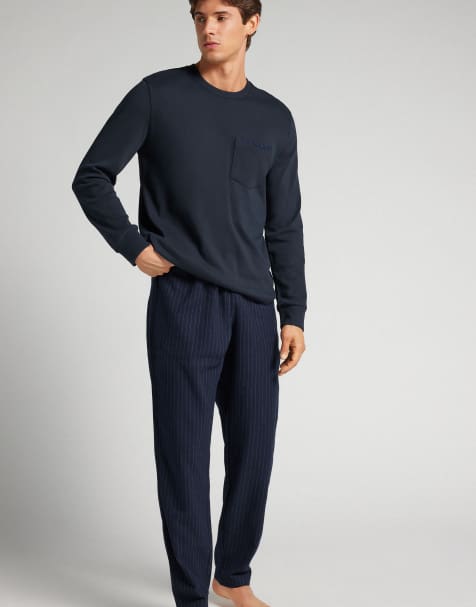 Intimissimi Long pinstripe cotton pyjamas in midnight blue - view 1