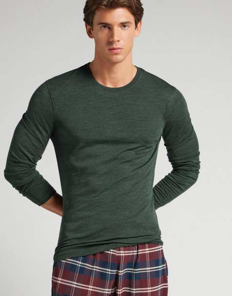 Intimissimi Long-sleeve round-neck merino-wool top in dark green melange