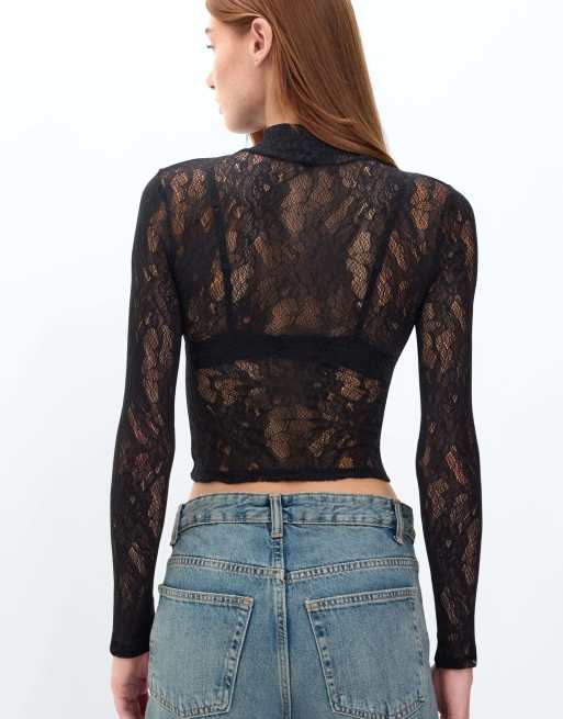 Intimissimi Long-sleeved stretch lace crop top in black, 2 of 5