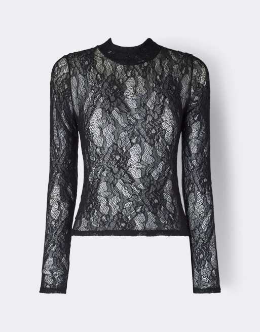 Intimissimi Long-sleeved stretch lace crop top in black, 5 of 5