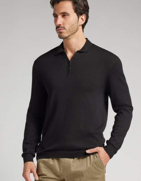 Intimissimi Long-sleeved zip-up jersey polo shirt in black - view 1