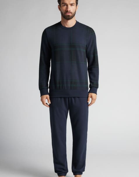 Intimissimi Macrocheck print knit long pyjamas in green macro check - view 1