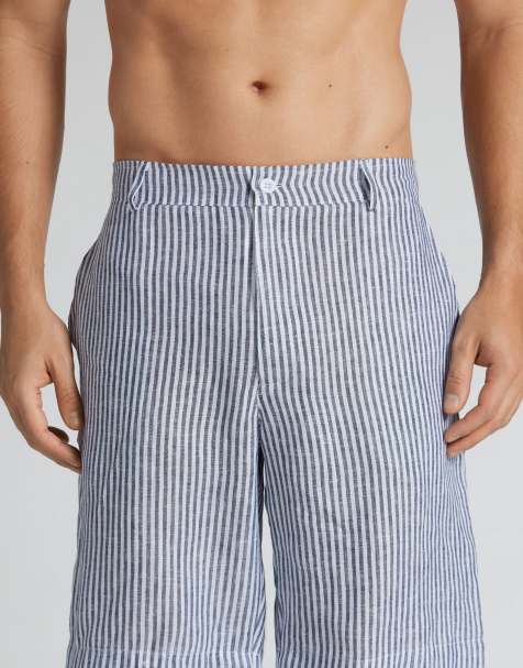Intimissimi Men’s 100% linen shorts in white blue stripes