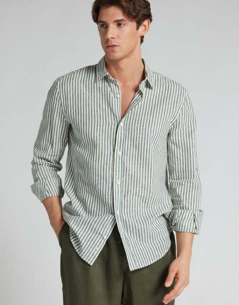 Intimissimi Men’s linen & cotton shirt in white/green stripe - view 1