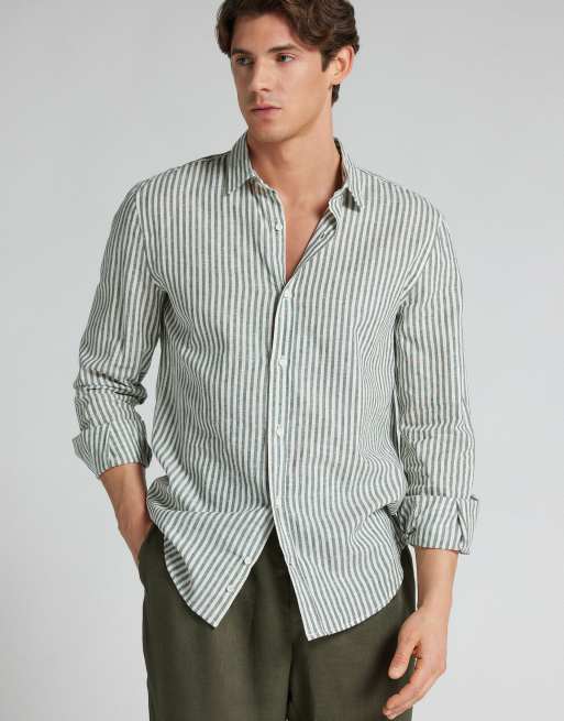 Intimissimi Men’s linen & cotton shirt in white/green stripe, 4 of 5