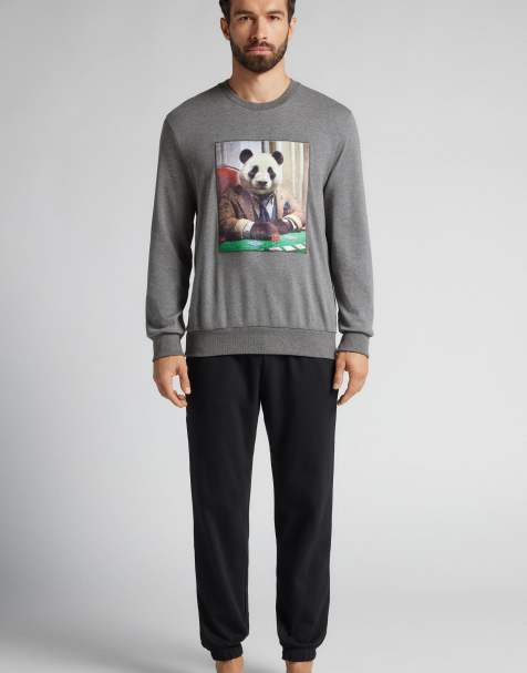 Intimissimi Panda print long cotton pyjamas in charcoal grey melange - view 1