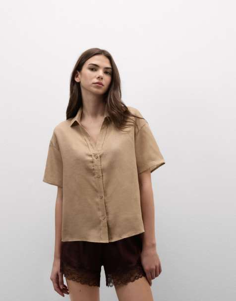 Intimissimi Plain-weave linen short-sleeved shirt in beige sabbia