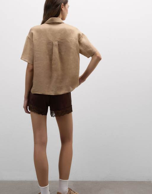 Intimissimi Plain-weave linen short-sleeved shirt in beige sabbia, 2 of 4