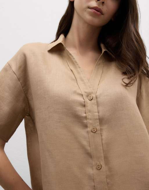 Intimissimi Plain-weave linen short-sleeved shirt in beige sabbia, 3 of 4