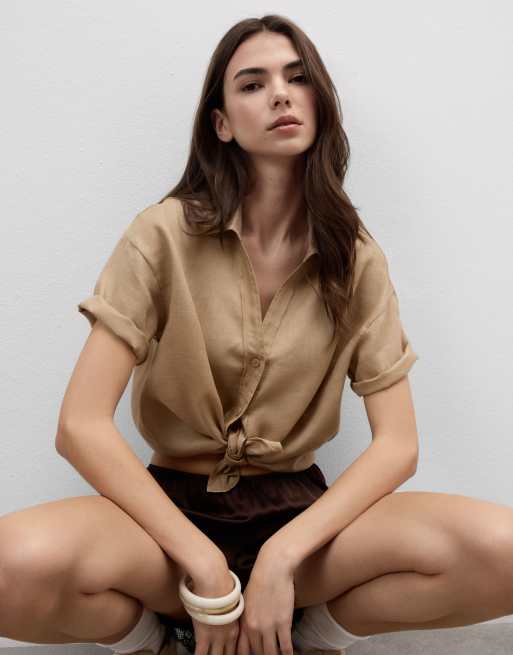 Intimissimi Plain-weave linen short-sleeved shirt in beige sabbia, 4 of 4