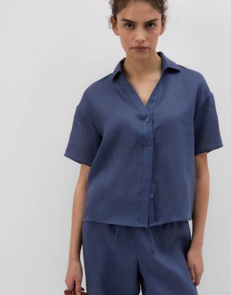 Intimissimi Plain-weave linen short-sleeved shirt in denim blue