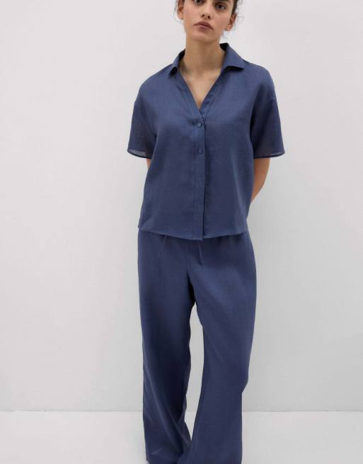 Intimissimi Plain-weave linen short-sleeved shirt in denim blue, 4 of 7