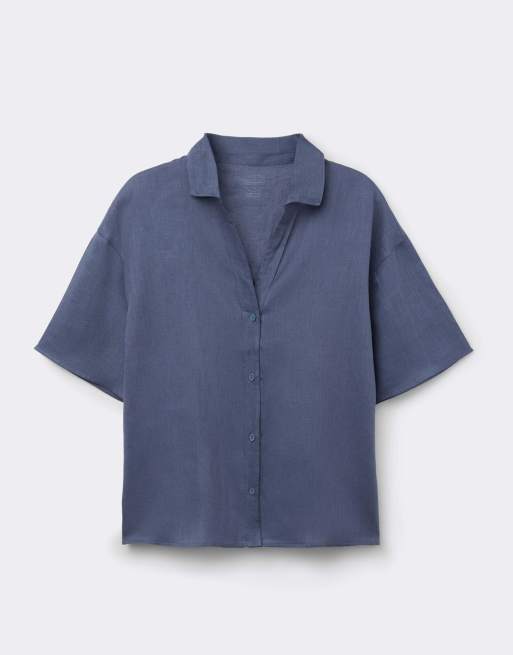 Intimissimi Plain-weave linen short-sleeved shirt in denim blue, 5 of 7
