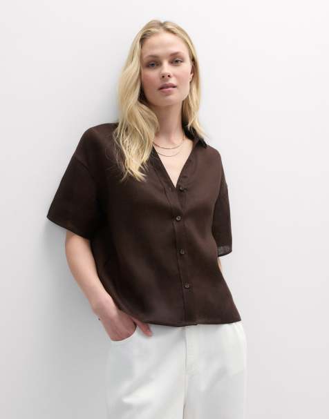 Intimissimi Plain-weave linen short-sleeved shirt in moka brown - view 1