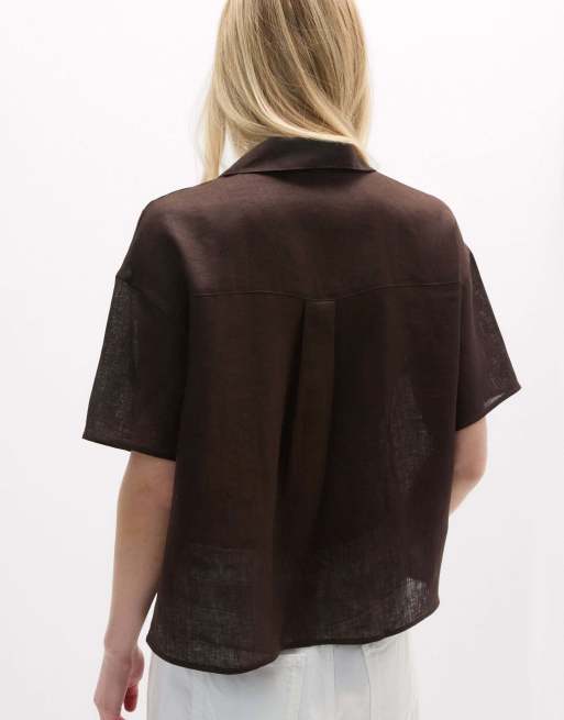 Intimissimi Plain-weave linen short-sleeved shirt in moka brown, 2 of 6