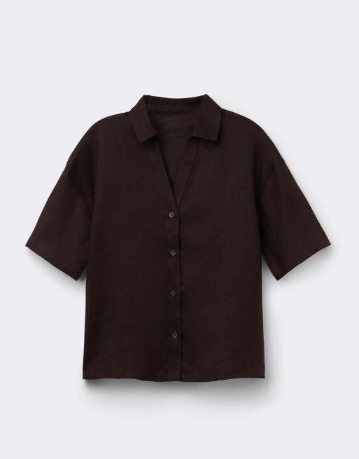 Intimissimi Plain-weave linen short-sleeved shirt in moka brown, 5 of 6