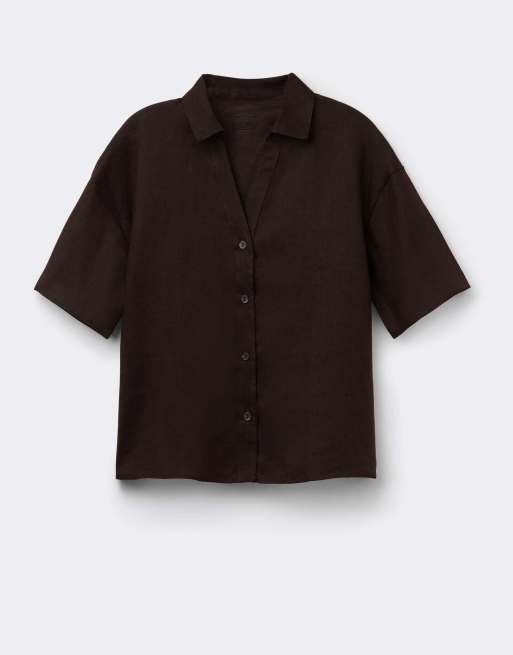 Intimissimi Plain-weave linen short-sleeved shirt in moka brown, 6 of 6