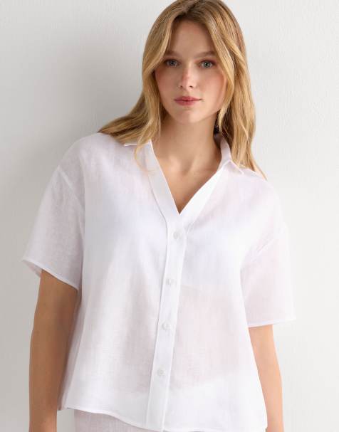 Intimissimi Plain-weave linen short-sleeved shirt in white - view 1