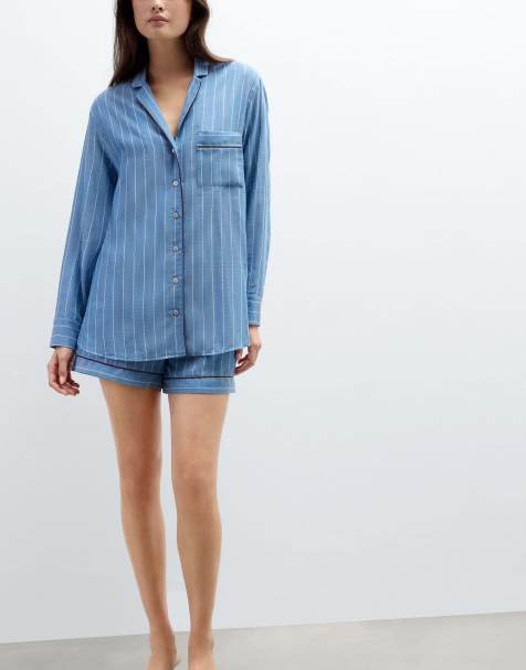 Intimissimi Preppy stripes cotton canvas shirt in blue/white stripe - view 1