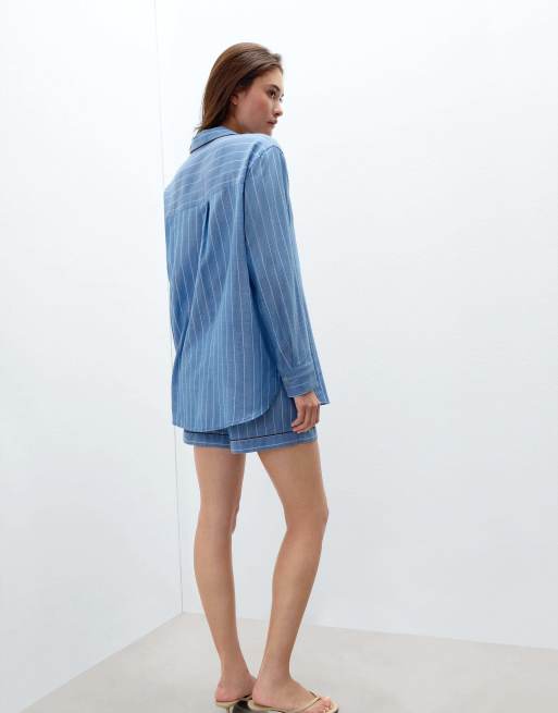 Intimissimi Preppy stripes cotton canvas shirt in blue/white stripe, 2 of 5