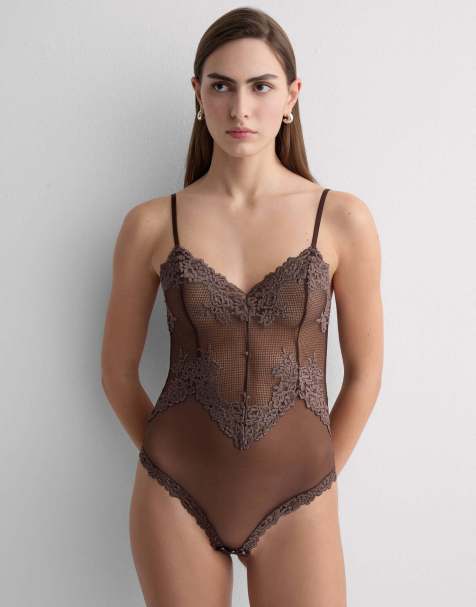 Intimissimi Pretty flowers lace and tulle body in moka brown - view 1