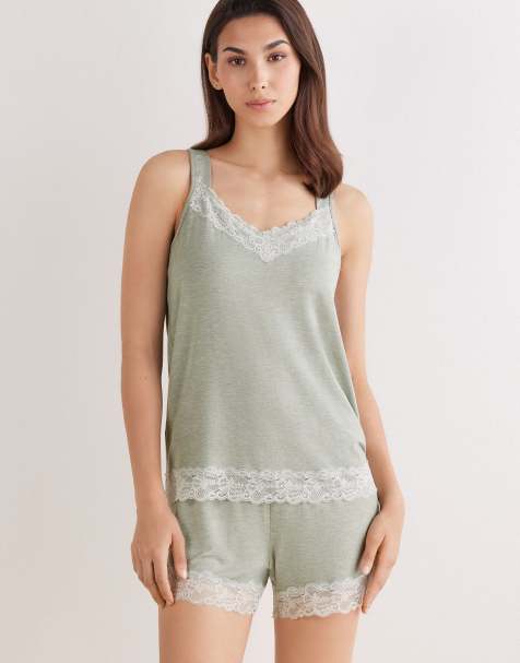 Intimissimi Pyjamas with vest top and shorts in sage green melange - view 1