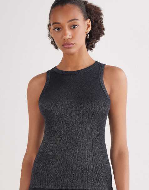 Intimissimi Ribbed lamé cotton vest top in black lamé - view 1