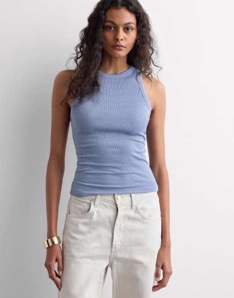 Intimissimi Ribbed lamé cotton vest top in breeze blue lame